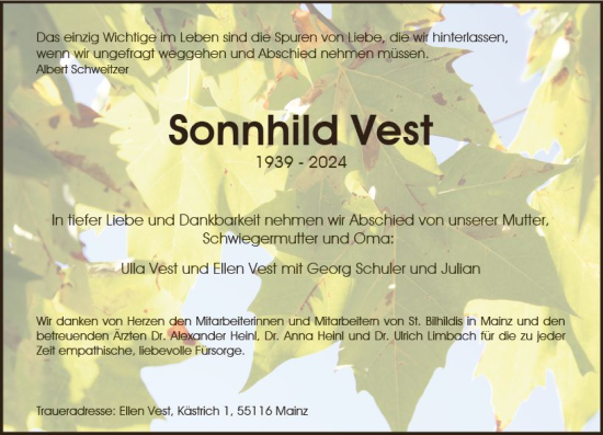 Traueranzeige von Sonnhild Vest von Allgemeine Zeitung Mainz