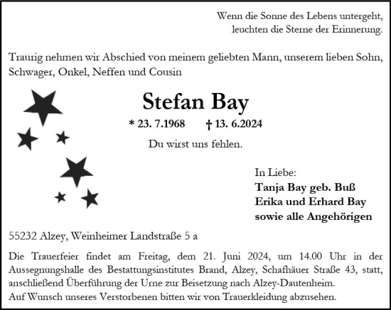 Traueranzeige von Stefan Bay von Allgemeine Zeitung Alzey