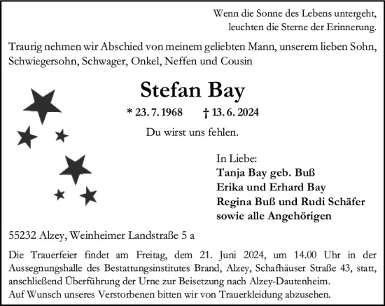 Traueranzeige von Stefan Bay von Allgemeine Zeitung Alzey