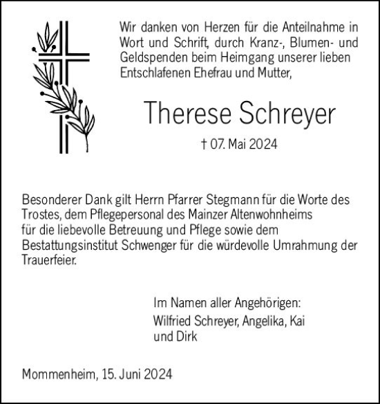 Traueranzeige von Therese Schreyer von Allgemeine Zeitung Mainz