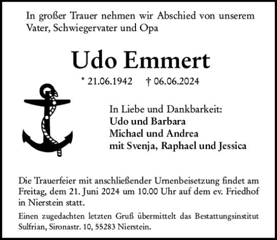 Traueranzeige von Udo Emmert von Allgemeine Zeitung Mainz