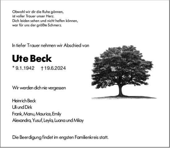 Traueranzeige von Ute Beck von Allgemeine Zeitung Bingen/Ingelheim