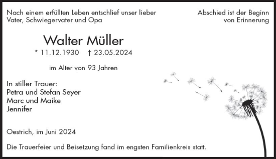 Traueranzeige von Walter Müller von Wiesbadener Kurier