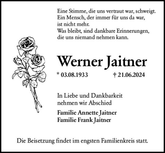 Traueranzeige von Werner Jaitner von Wiesbadener Kurier