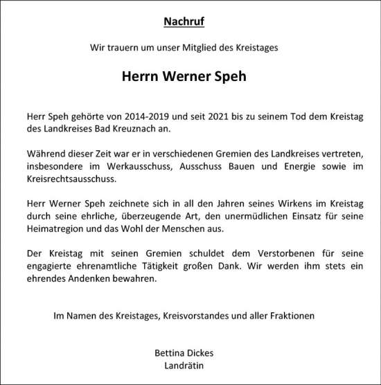 Traueranzeige von Werner Speh von Allgemeine Zeitung Bad Kreuznach