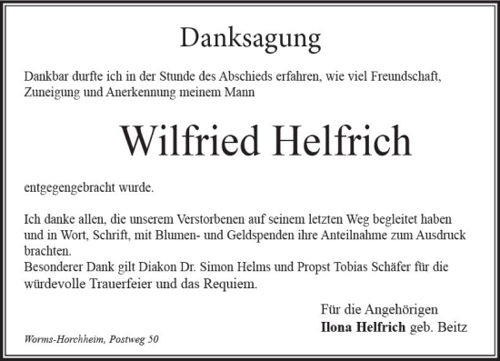 Traueranzeige von Wilfried Helfrich von Wormser Zeitung