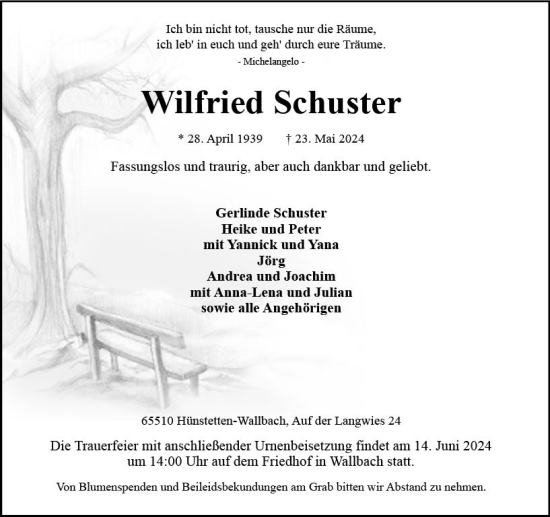 Traueranzeige von Wilfried Schuster von Wiesbadener Kurier