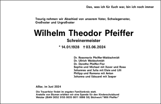 Traueranzeige von Wilhelm  Pfeiffer von Wetzlarer Neue Zeitung