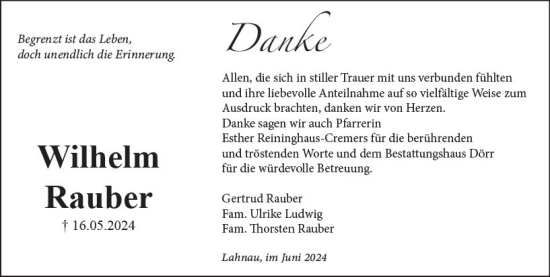 Traueranzeige von Wilhelm Rauber von Wetzlarer Neue Zeitung