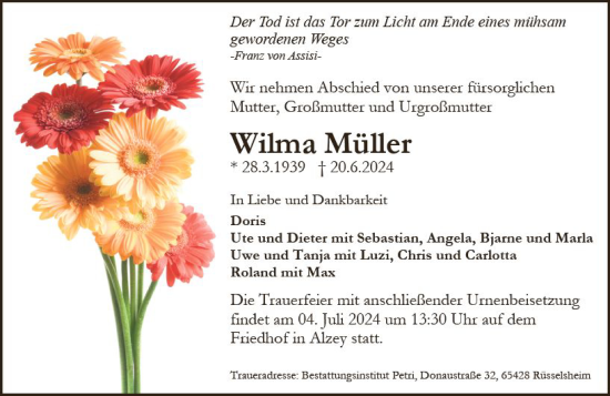 Traueranzeige von Wilma Müller von Allgemeine Zeitung Alzey
