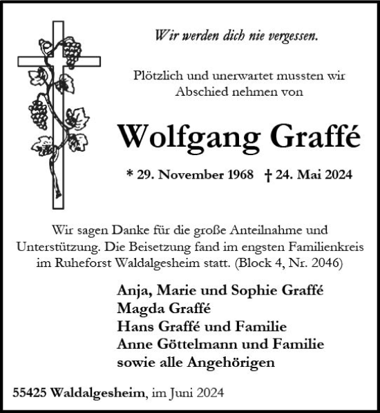 Traueranzeige von Wolfgang Graffe von Allgemeine Zeitung Bingen/Ingelheim