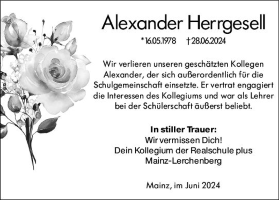 Traueranzeige von Alexander Herrgesell von Allgemeine Zeitung Mainz