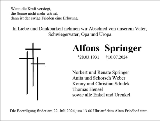 Traueranzeige von Alfons Springer von Hochheimer Zeitung