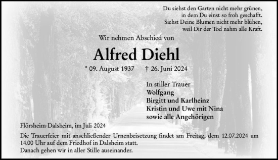 Traueranzeige von Alfred Diehl von Wormser Zeitung