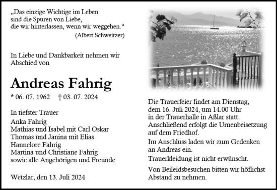 Traueranzeige von Andreas Fahrig von Wetzlarer Neue Zeitung