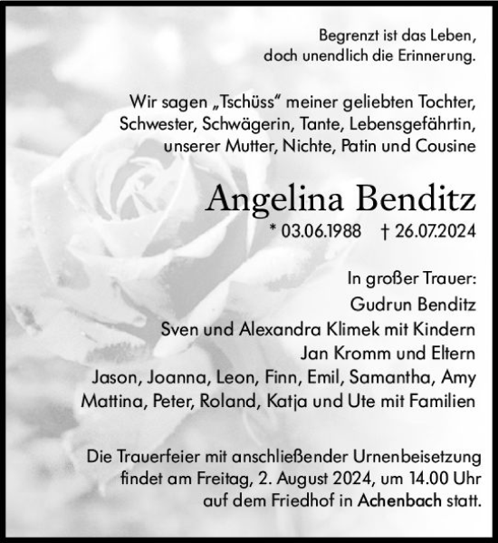 Traueranzeige von Angelina Benditz von Hinterländer Anzeiger