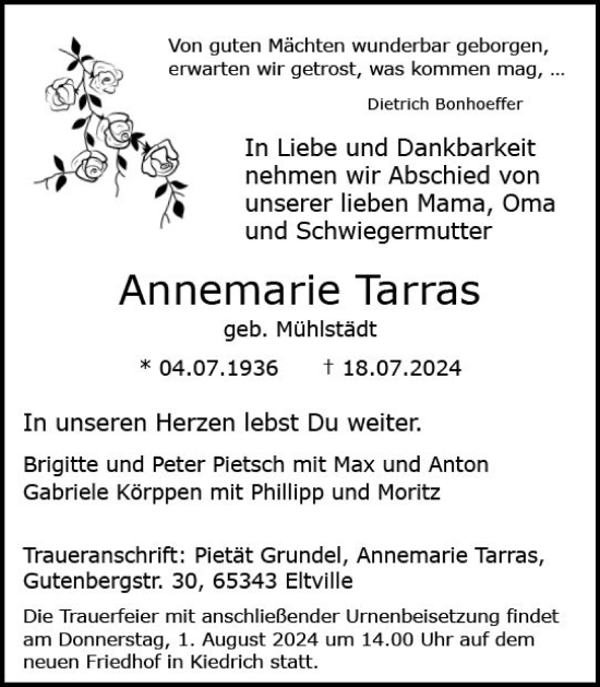 Traueranzeige von Annemarie Tarras von Wiesbadener Kurier