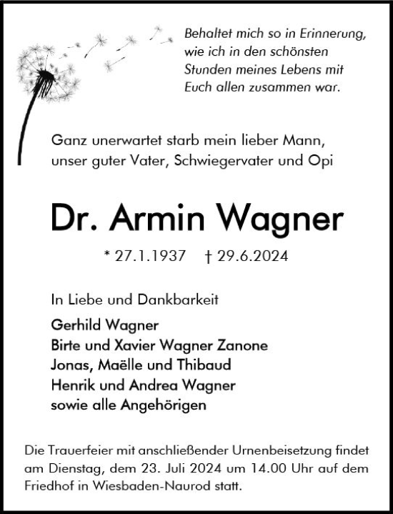 Traueranzeige von Armin Wagner von Wiesbadener Kurier
