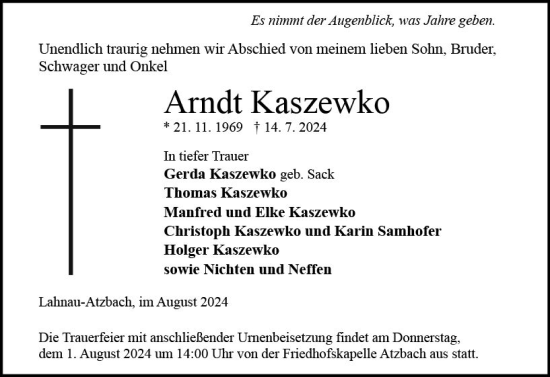Traueranzeige von Arndt Kaszewko von Wetzlarer Neue Zeitung