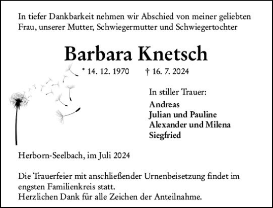 Traueranzeige von Barbara Knetsch von Dill Block
