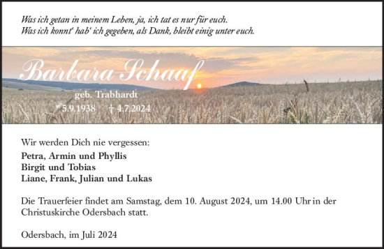Traueranzeige von Barbara Schaaf von Weilburger Tageblatt