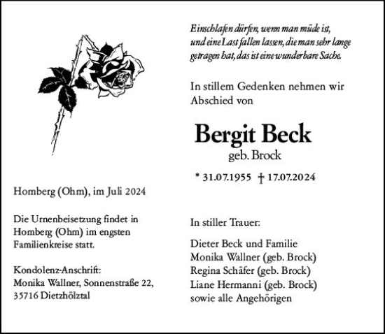 Traueranzeige von Bergit Beck von Dill Block