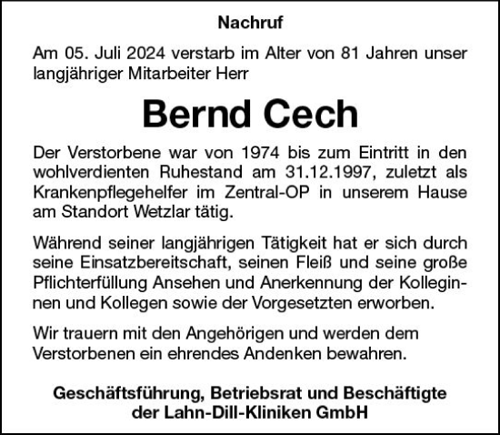 Traueranzeige von Bernd Cech von Wetzlarer Neue Zeitung