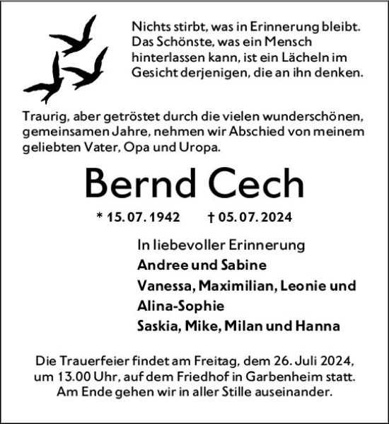 Traueranzeige von Bernd Cech von Wetzlarer Neue Zeitung