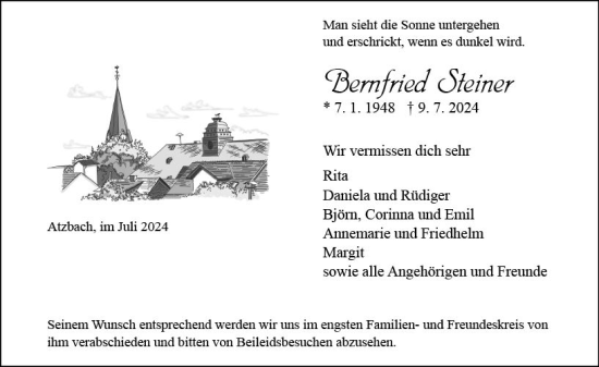 Traueranzeige von Bernfried Steiner von Wetzlarer Neue Zeitung