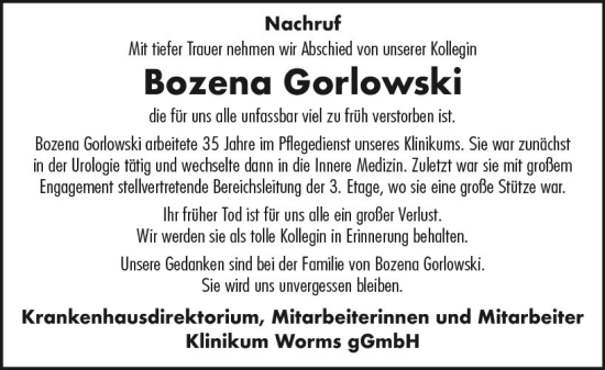 Traueranzeige von Bozena Gorlowski von Wormser Zeitung