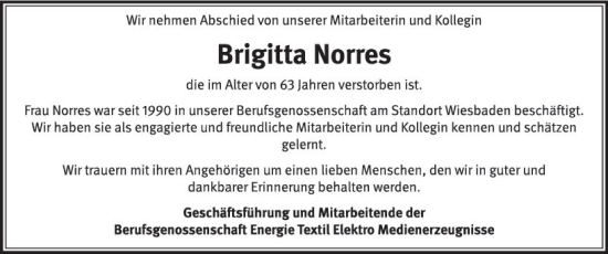 Traueranzeige von Brigitta Norres von Wiesbadener Kurier