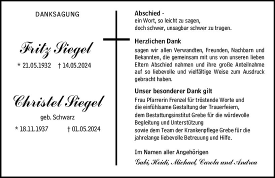 Traueranzeige von Christel Siegel von Hinterländer Anzeiger