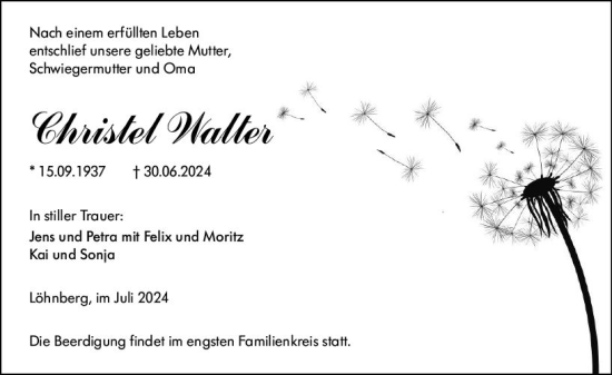 Traueranzeige von Christel Walter von Weilburger Tageblatt