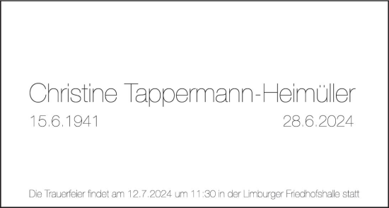 Traueranzeige von Christine Tappermann-Heimüller von Nassauische Neue Presse