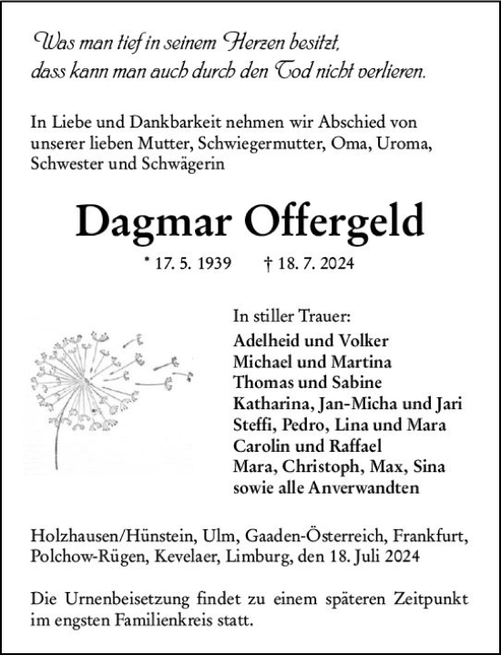 Traueranzeige von Dagmar Offergeld von Hinterländer Anzeiger