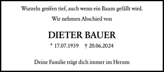 Traueranzeige von Dieter Bauer von Wiesbadener Kurier