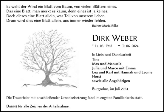 Traueranzeige von Dirk Weber von Wetzlarer Neue Zeitung