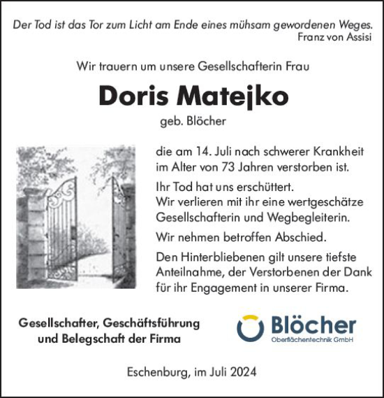 Traueranzeige von Doris Matejko von Dill Block