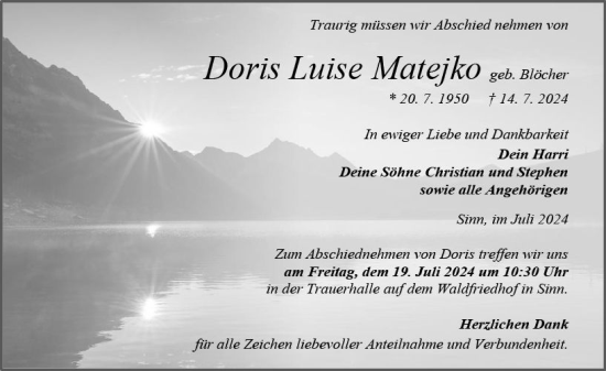 Traueranzeige von Doris Luise Matejko von Dill Block