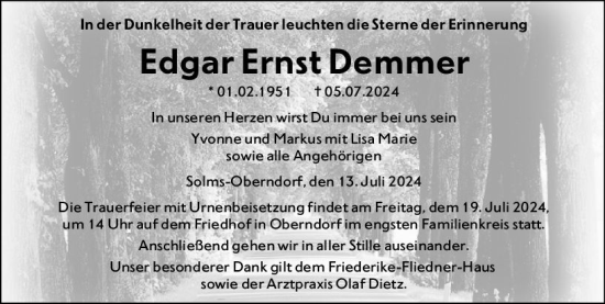 Traueranzeige von Edgar Ernst Demmer von Wetzlarer Neue Zeitung
