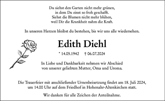 Traueranzeige von Edith Diehl von Wetzlarer Neue Zeitung
