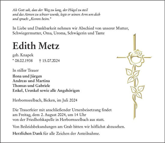 Traueranzeige von Edith Metz von Dill Block