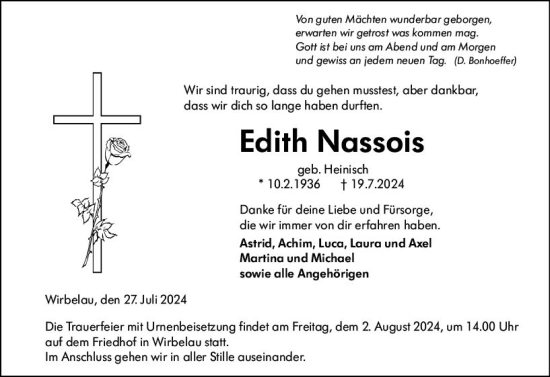 Traueranzeige von Edith Nassois von Weilburger Tageblatt