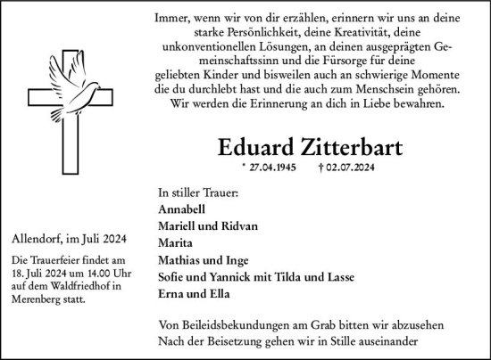 Traueranzeige von Eduard Zitterbart von Weilburger Tageblatt