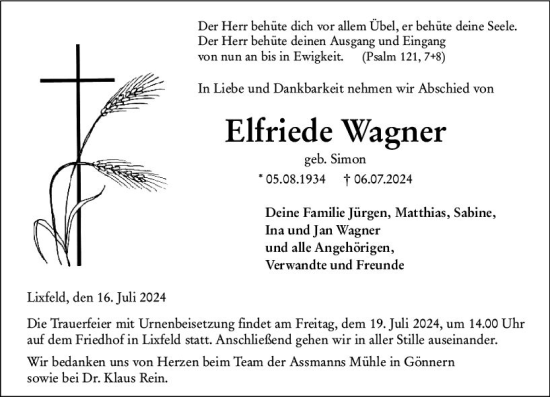 Traueranzeige von Elfriede Wagner von Hinterländer Anzeiger