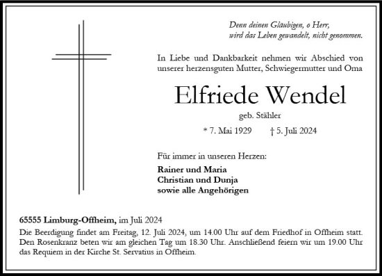 Traueranzeige von Elfriede Wendel von Nassauische Neue Presse