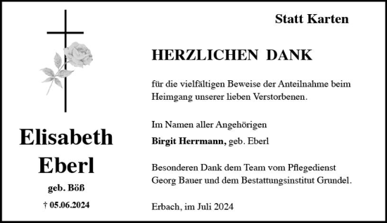 Traueranzeige von Elisabeth Eberl von Rheingau Kurier