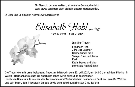 Traueranzeige von Elisabeth Hohl von Wetzlarer Neue Zeitung
