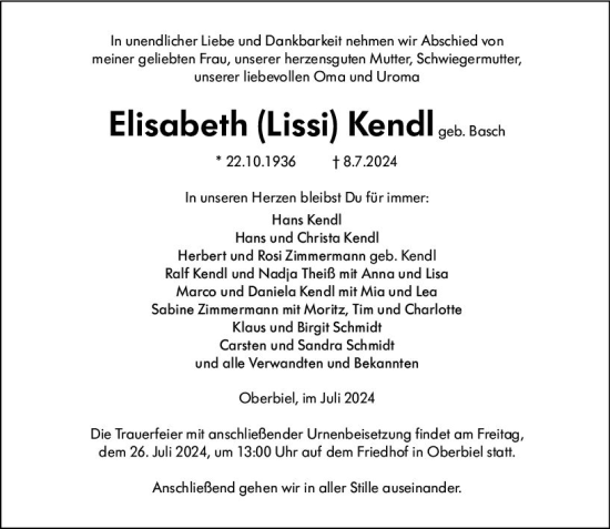 Traueranzeige von Elisabeth Kendl von Wetzlarer Neue Zeitung