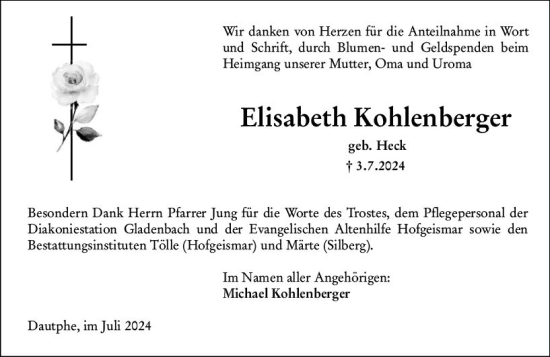 Traueranzeige von Elisabeth Kohlenberger von Hinterländer Anzeiger